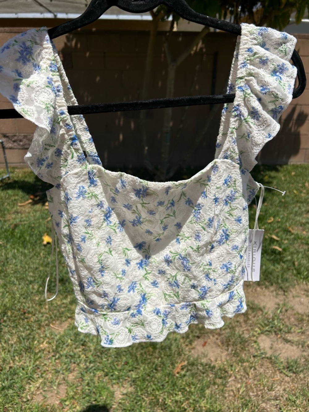 Kinsley White Floral Ruffle Crop Top in Blue & Green